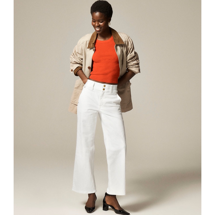 J.Crew Petite Slim Wide Leg Jeans Wmns 24p White Denim Stacked Buttons Stretch